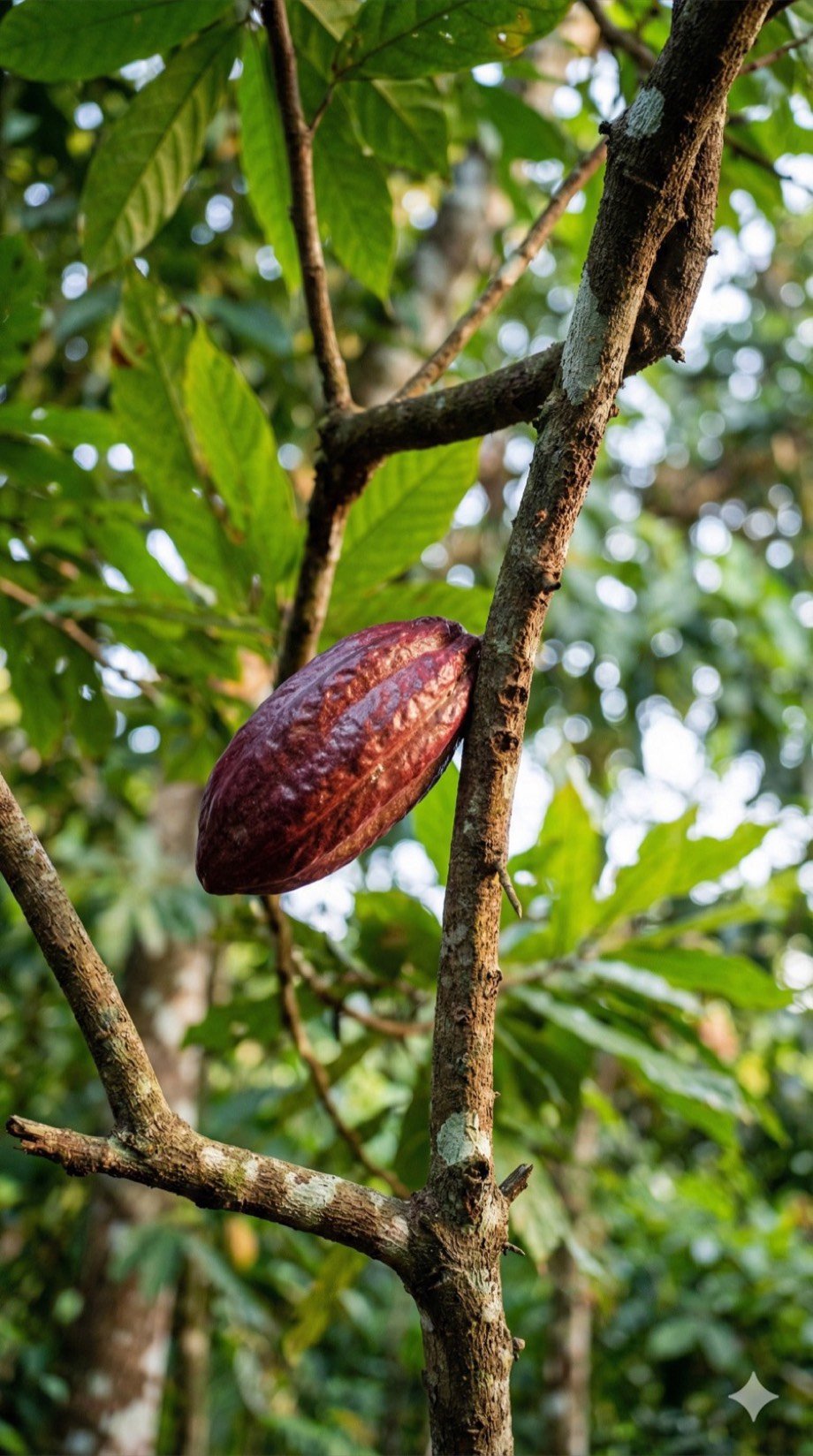 Fruto de cacau cabruca na árvore, sob a sombra da Mata Atlântica
